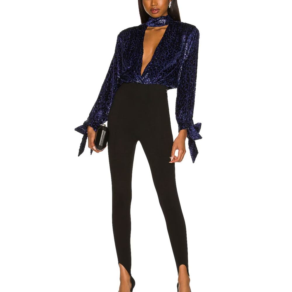 Lovers + Friends Blue Plunging Velvet Top MEDIUM Cocktail Party Bows $178 NEW - Picture 10 of 10
